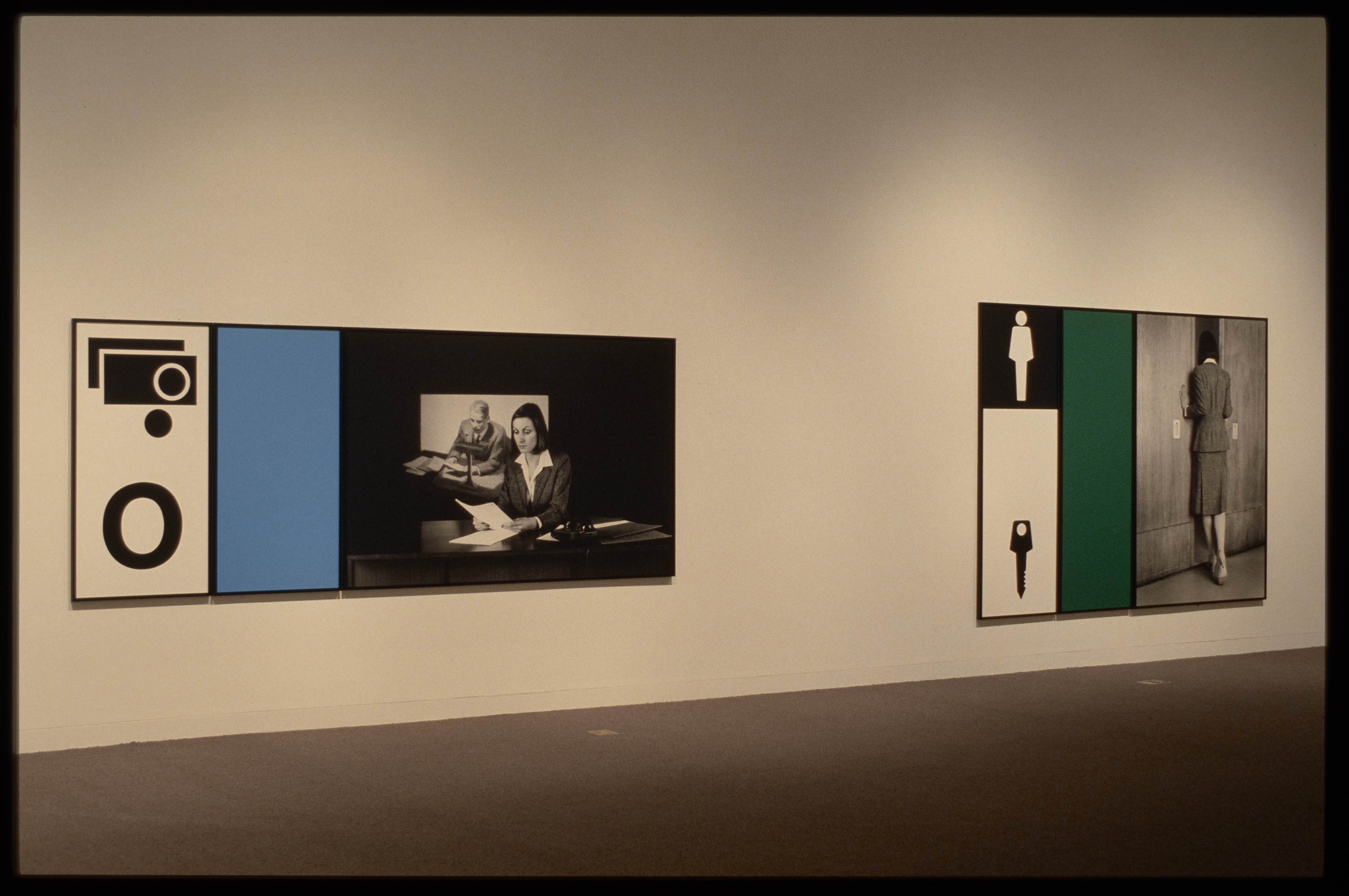 Two artworks are hung next to each other on the wall. Both contain three sections: a figure, a color, and relating symbols.