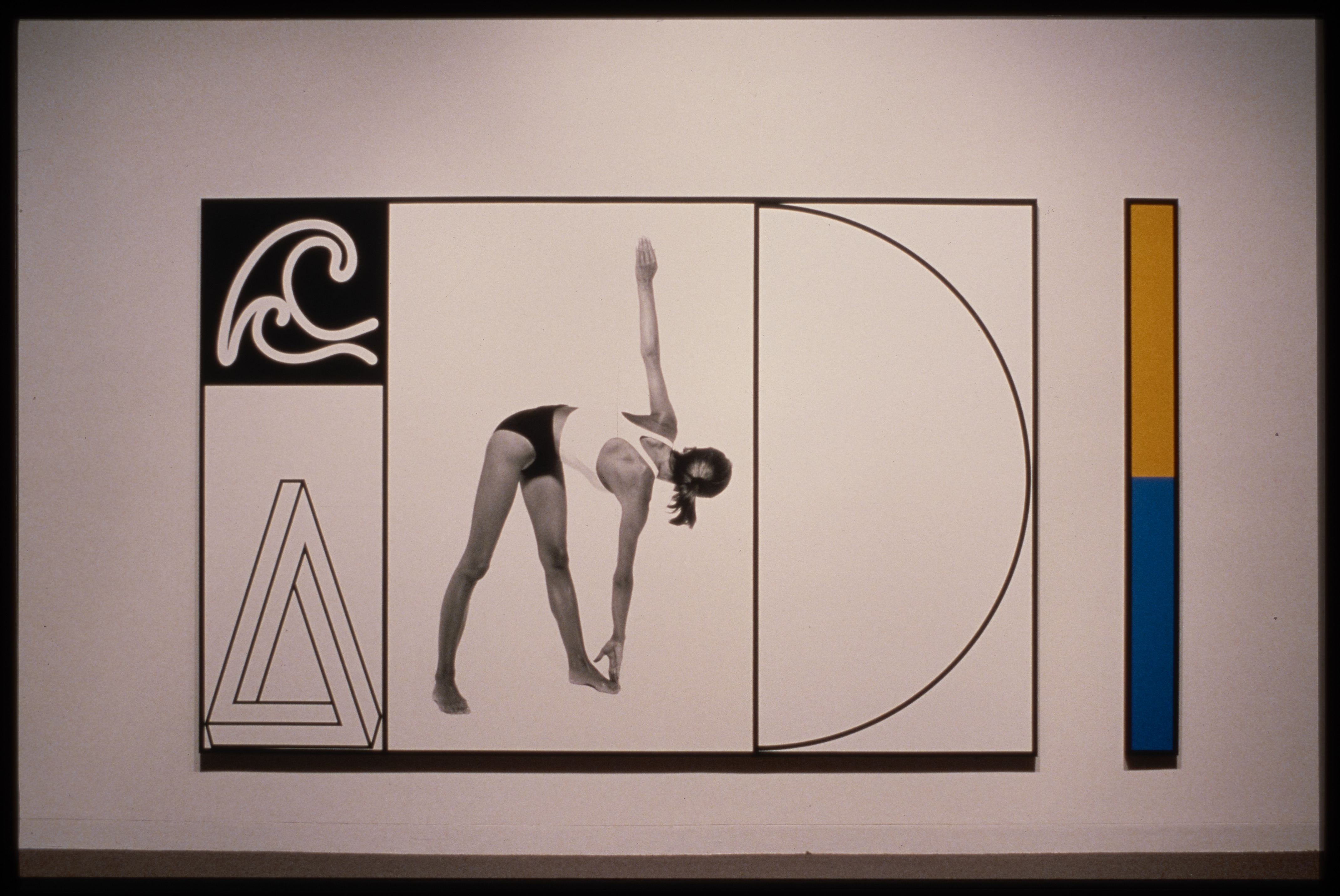 An artwork contains a figure stretching in the center. A wave, penrose triangle, and half circle surround the figure.