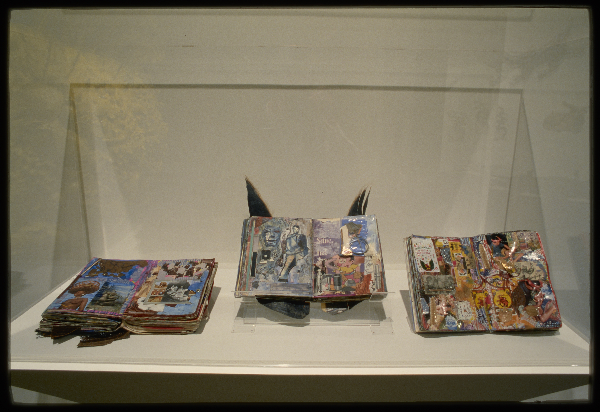 3 colorful art books displayed on a shelf under a plexiglass case combining collage, painted pages, and sculptural elements.
