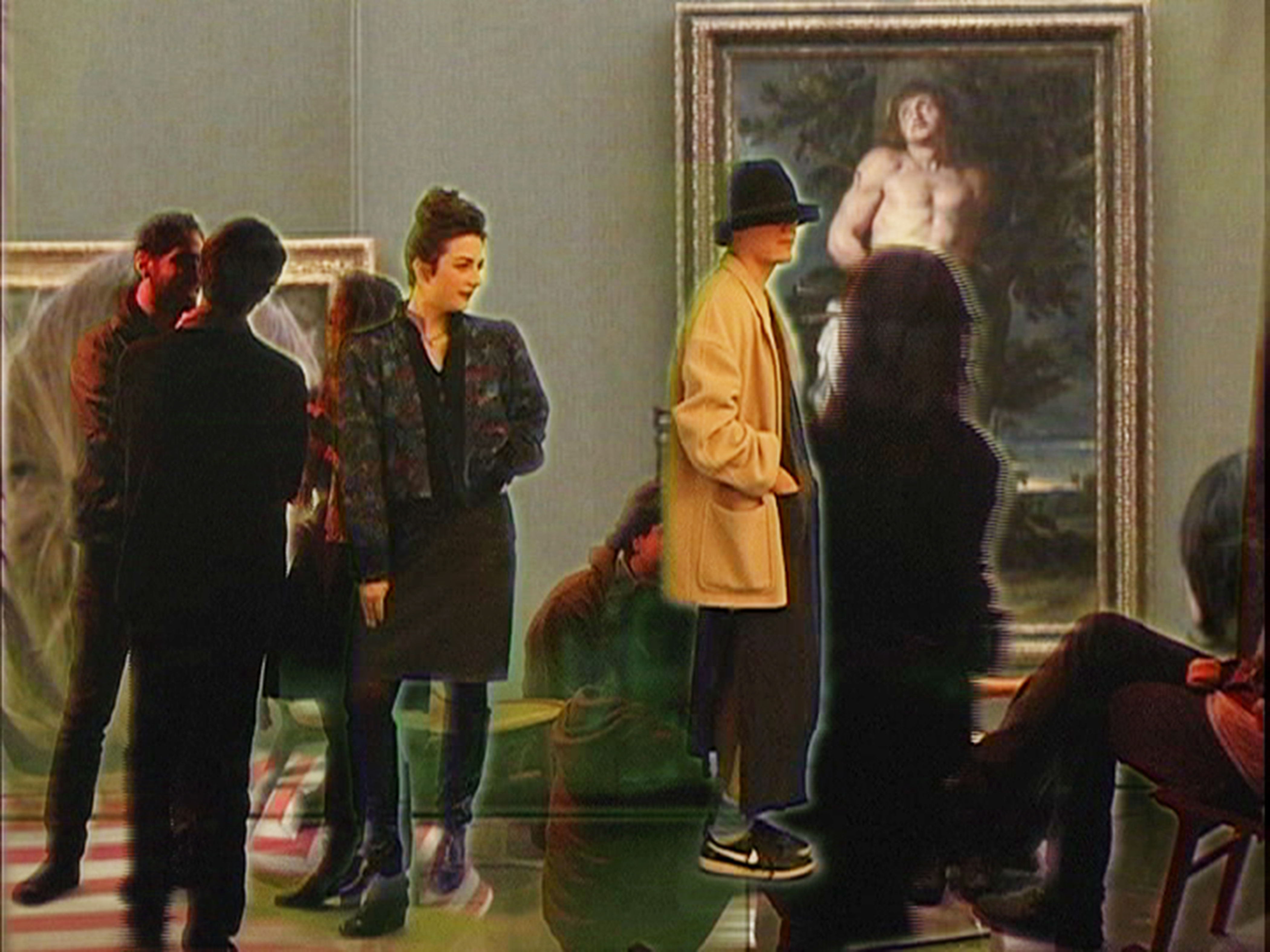 A colorful montage displays a room with elaborately framed art, layered over with images of people both standing and seated.
