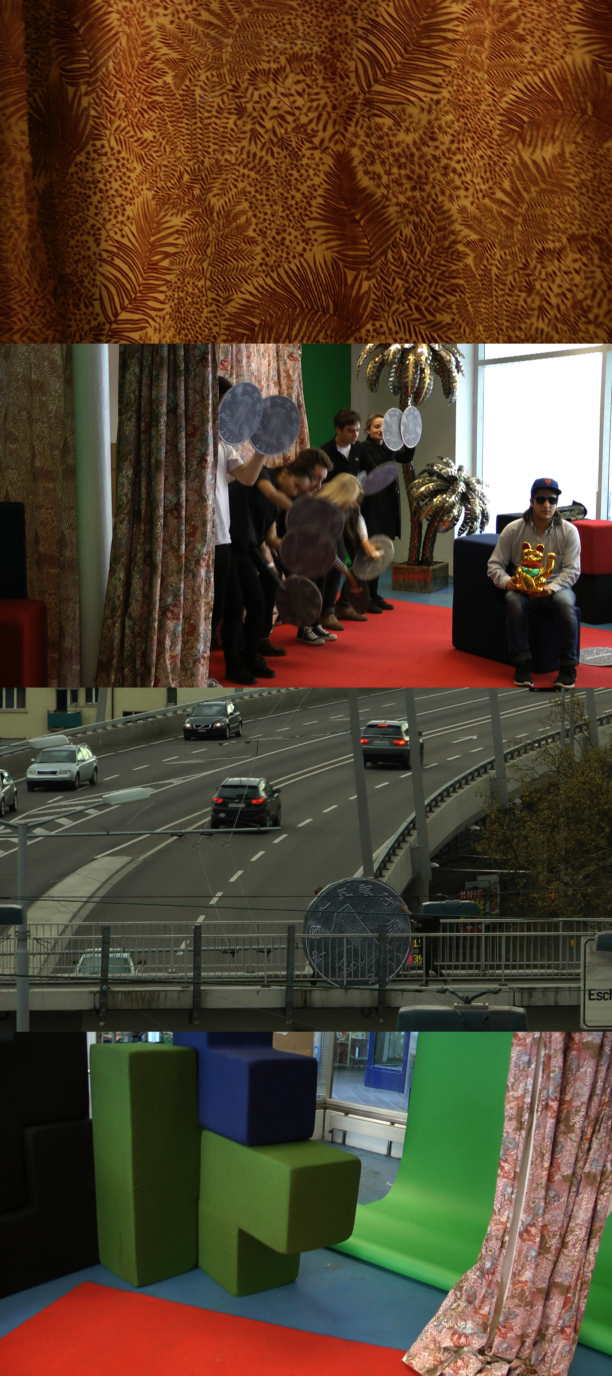 Four separate images, stacked together vertically, of patterned fabric, a group of people, a highway, and a colorful room.