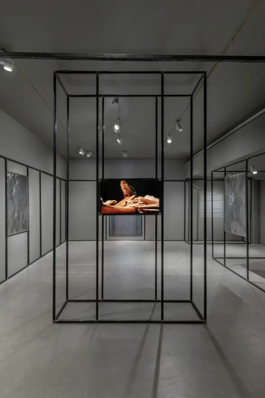 Wide angle photograph featuring a small video monitor which plays in the center of the gallery in between a large open air sculpture made of black steel bars. 