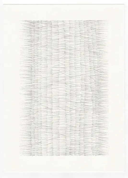 Image of a white piece of paper with horizontal pencil lines that create a zigzag pattern. The short markings cover almost the entire page leaving a white border around.