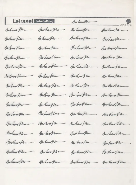 A piece of off-white paper with four columns of signatures written in black pen. There is a thin black border around a heading at the top that reads"Letraset".