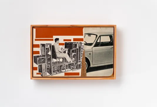 Image of a photo collage on a white wall with a brown wooden frame. The central images are divided into three sections: the left side shows a black and white image of a man operating a forklift with red rectangles to fill the background, in the center there is a sliver of cardboard visible, and the right side is a black and white image of the drivers side door of a car. 