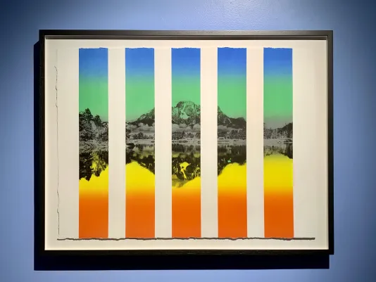 A black framed work of art hanging on a blue wall. There are 5 rectangular panels that create a rainbow colored photograph of a landscape.
