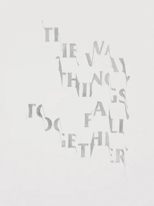 Image of gray text on a white background. The font of the text takes on a wave-like form and reads diagonally down from the top left corner of the page to the bottom right. The text reads "The Way Things Fall Together"