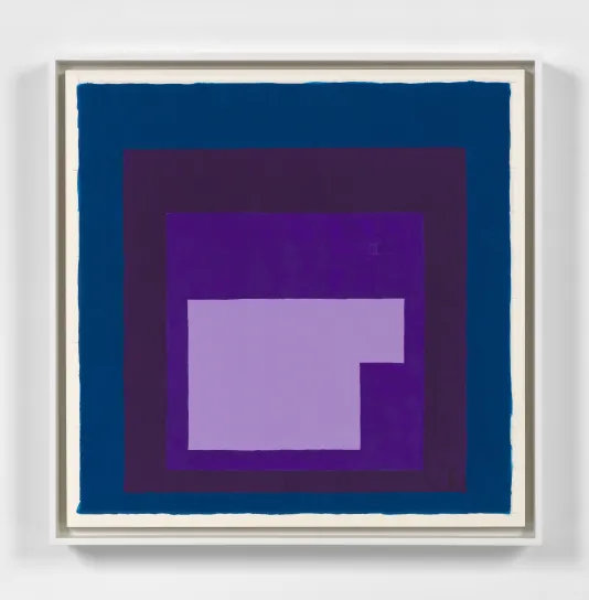 Image of a four color block abstract painting with a white frame. The center color is light purple, then purple, maroon and teal on the outer ring.