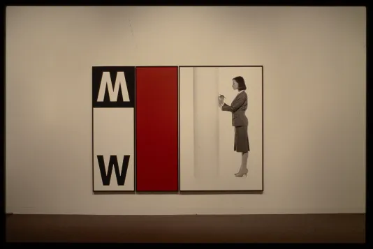 An artwork in three sections from left to right: M and W, the color red, and a business woman taking notes against a wall.
