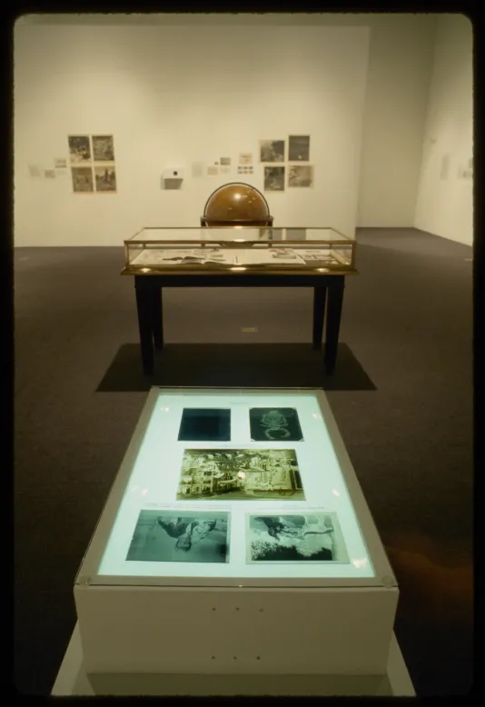 White box with back-lit scientific slides sits in middle of room in front of glass table and large globe in gallery.