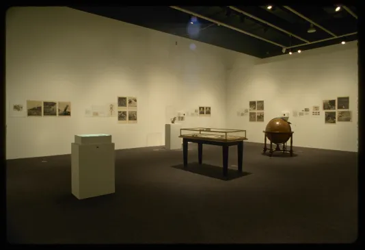 Gallery view of white box, glass table, large globe, stuffed animal behind glass, and old black and white photos on the walls.