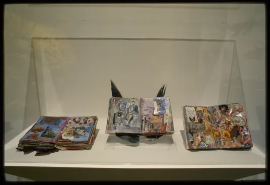 3 colorful art books displayed on a shelf under a plexiglass case combining collage, painted pages, and sculptural elements.  