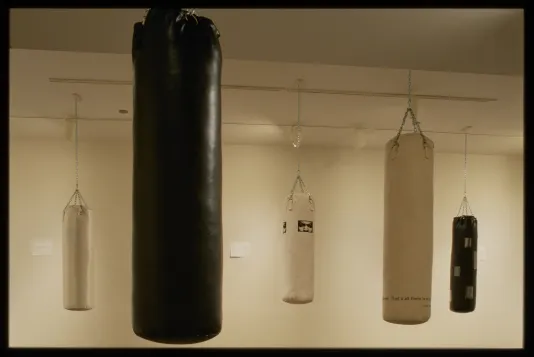 Punching bags hang in gallery. From left to right: white satin, black leather, white with face, white with text, black checkered.