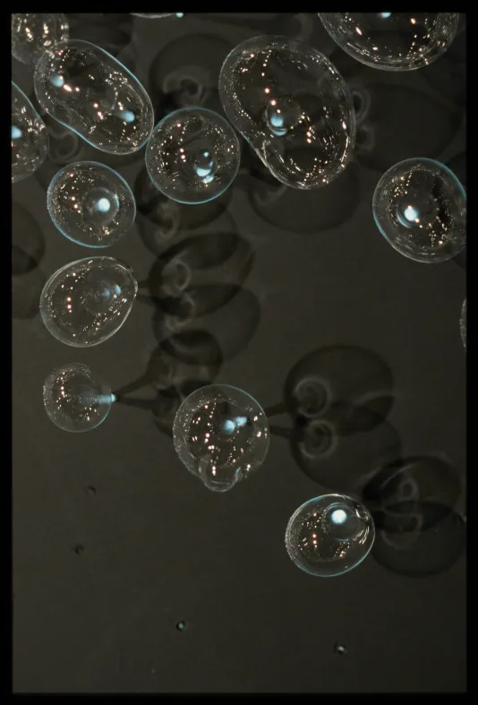 Close up view of glass bubbles and their shadows, each with a stem anchoring the bubbles to the dark surface.