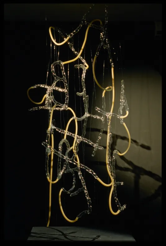 Flameworked hollow glass letters intertwined with yellowish rubber tubing, dangle from the ceiling.