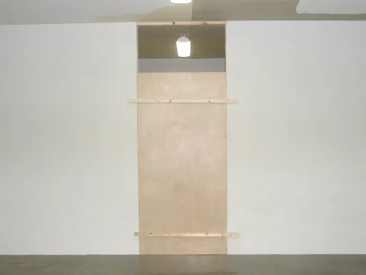 A plywood panel covers a doorway, beneath a partially painted ceiling. A fluorescent ceiling lamp peeks out above the panel.