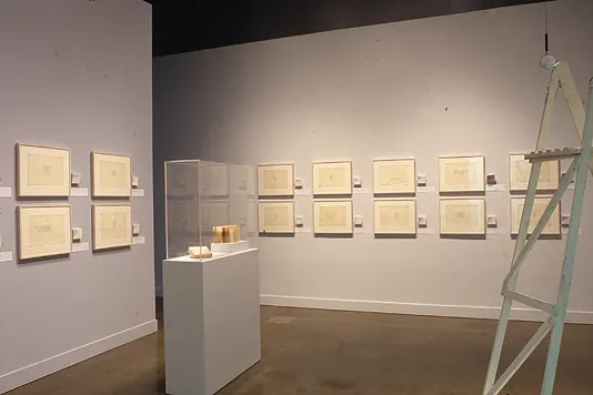 Cream colored prints line the walls in two rows with a vitrine display placed in front of them. A white ladder disappears into the right corner.