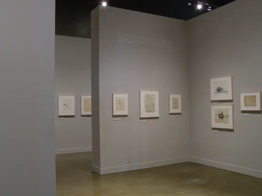 Installation photograph of framed drawings, of various sizes and orientations, hung along multiple light gray walls