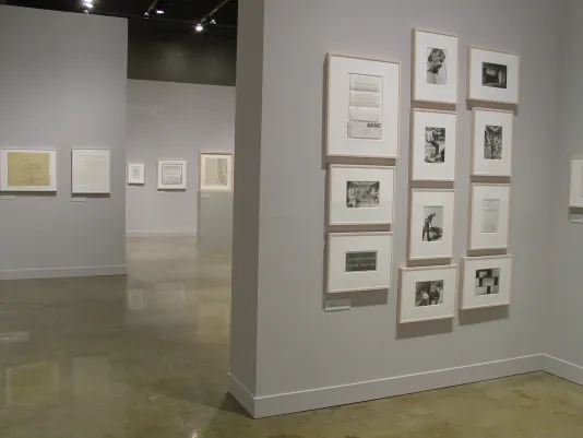 Framed black and white drawings are collaged together to fill a gray gallery wall