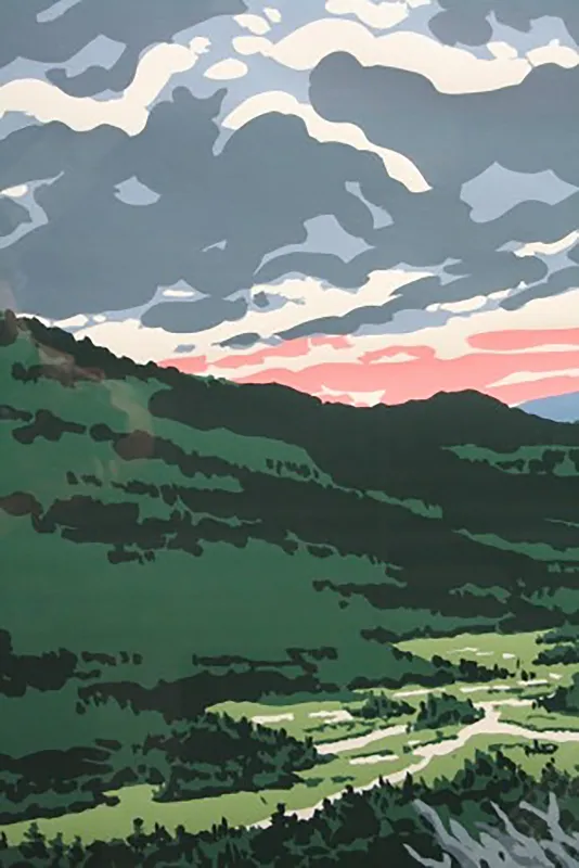 A green mountainside meets a pink sunset with dark clouds overhead. A small valley lies below.