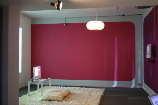 Small room with pink rounded rectangles painted on each of the visible walls. In the center is a plush rug with a computer set up on a desk.