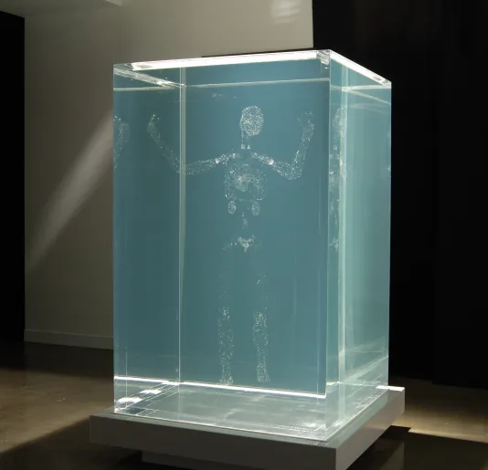 Lit from above, delicate, transparent human figure with arms raised, immersed in clear liquid inside large Plexiglas tank