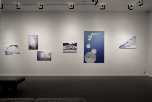 A gallery view of color photographs mounted at varying heights along a wall and lit from above with two benches in front.