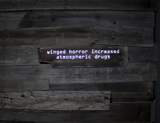 Digitized text reads “winged horror increased atmospheric drugs” centered on wood planks