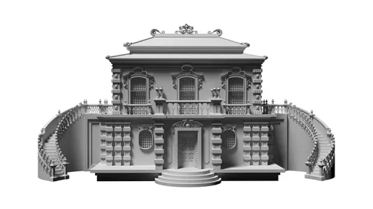 A grey mansion built with opulent details and cascading staircases on either side