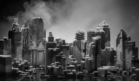 Evoking ancient ruins, towers formed by cubes rest on a glossy surface silhouetted against a smokey, cloud-like background.