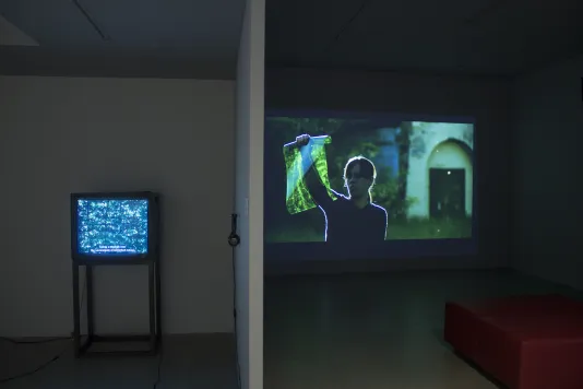 Projected on a wall, a woman ringed by light holds a green filter; in the next gallery, a monitor shows a blue-green pattern.