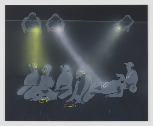 3 projectors cast yellow and pink hazy beams of spotlight and smiley faces on 6 gray male figures resting on dark gray floor.