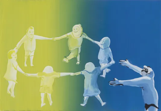 In yellow, green, blue, 6 figures hold hands to form a dance circle next to a bearded man in underwear with outstretched arms.