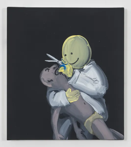 Figure with yellow smiley face in white lab coat holds scissors above the face of a reclined man in yellow underwear.