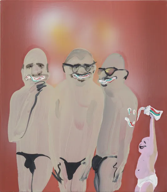3 men in black underwear stand grinning with toothpaste mouths next to a child in diapers squeezing toothpaste out of a tube.