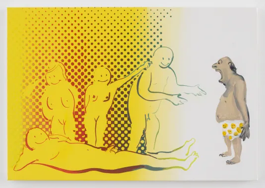 Man in boxer shorts with yellow smiley faces stands open-mouthed next to 4 naked figures against yellow patterned background.