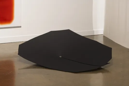 On the floor between a fabric hanging piece and a color print is a large black shield piece made of posters, plastic, metal