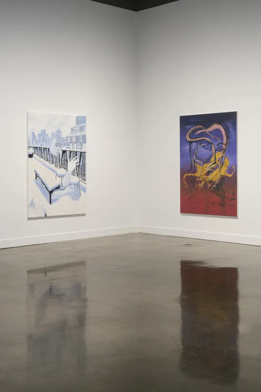 Two paintings by Allison Katz, one with a figure in snow and another with a blue and red figure, are shown together in a corner of the gallery.