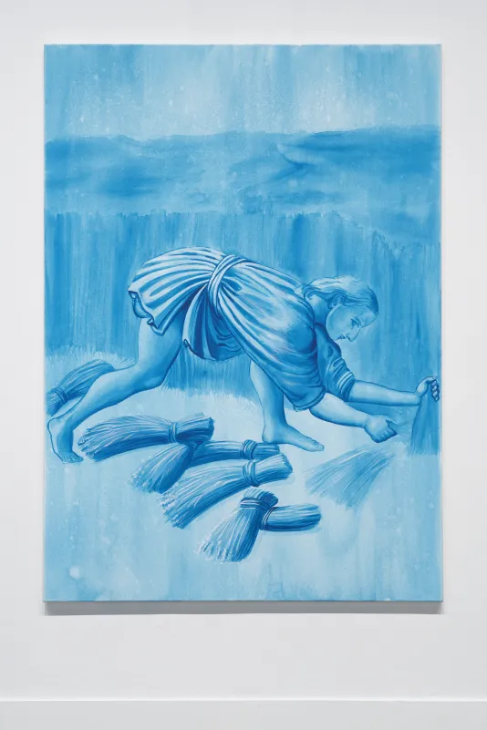 A blue monochromatic painting features a person gathering bunches of grass.