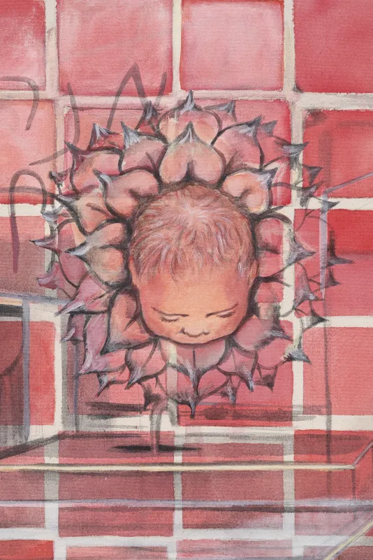 A detail from a painting by Allison Katz features a baby head emerging from a flower.