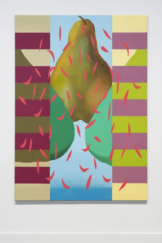 A painting by Allison Katz features falling pink petals and pear shaped fields of color.