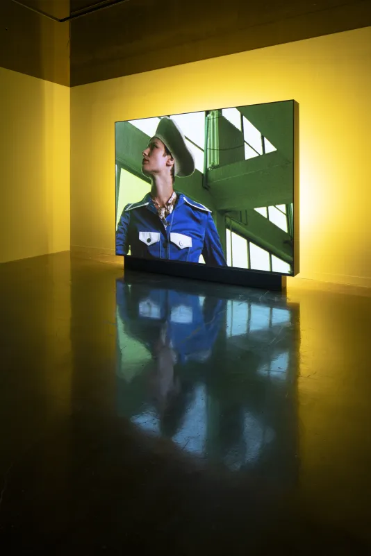 Image of a person in a hat and blue jacket standing in front of green beams is projected on a screen backlit by yellow light.