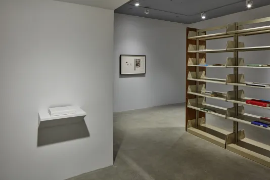 Installation view of a book shelf with beige shelves and a white book on a white shelf by Rose Salane.