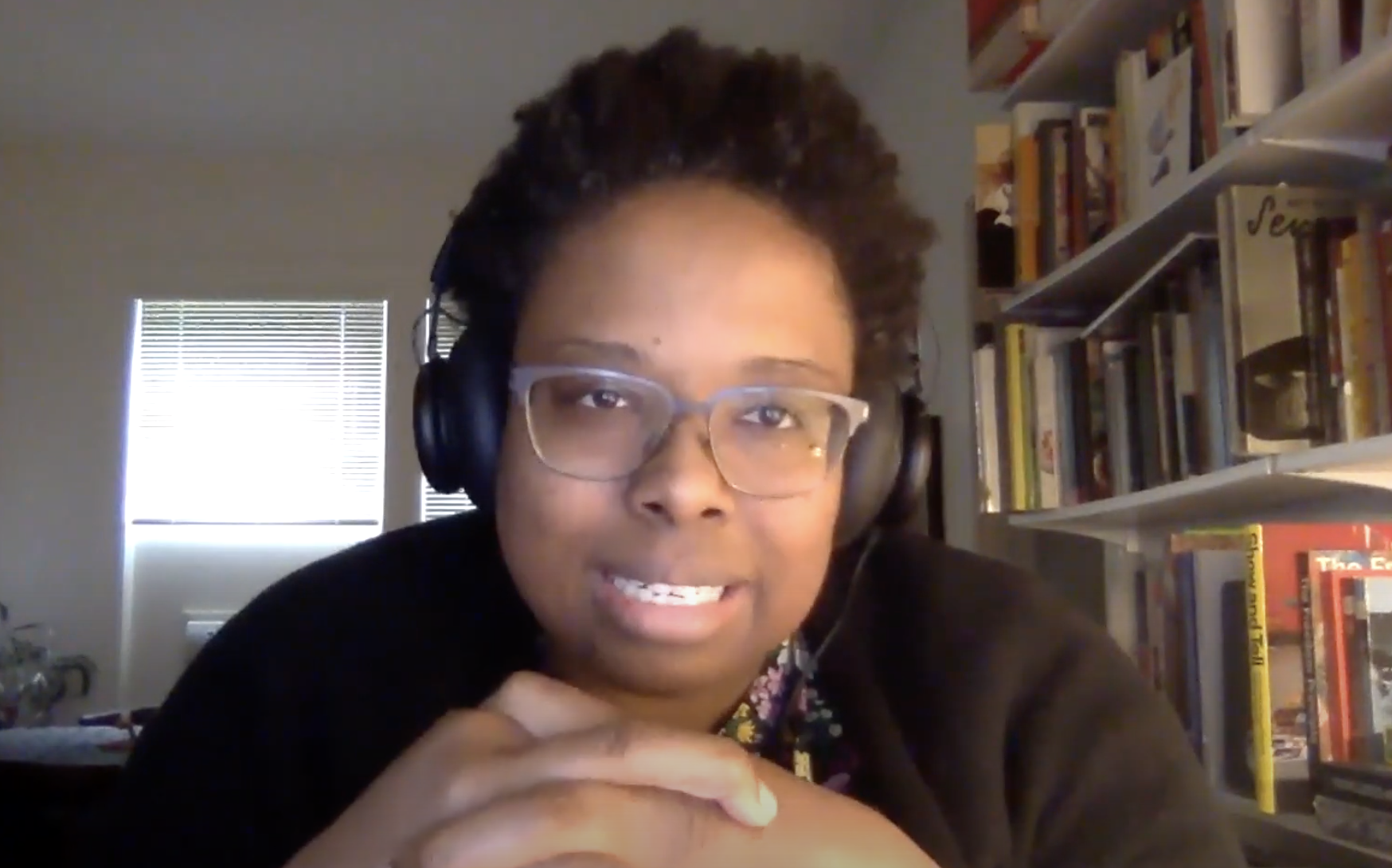 Screenshot from artist talk featuring closeup of Jamillah Jones speaking