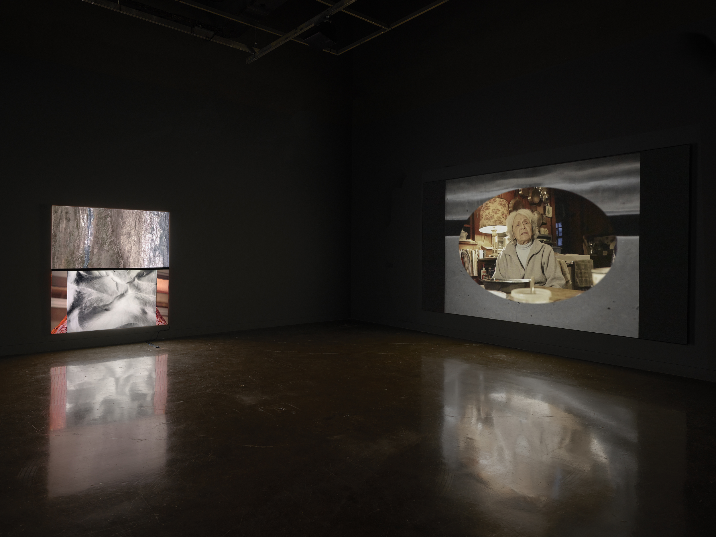 Two screens are displayed in a gallery space. The right screen shows an oval image of an elderly woman on a background of black with white wavy lines. The left screen is of abstracted trees.