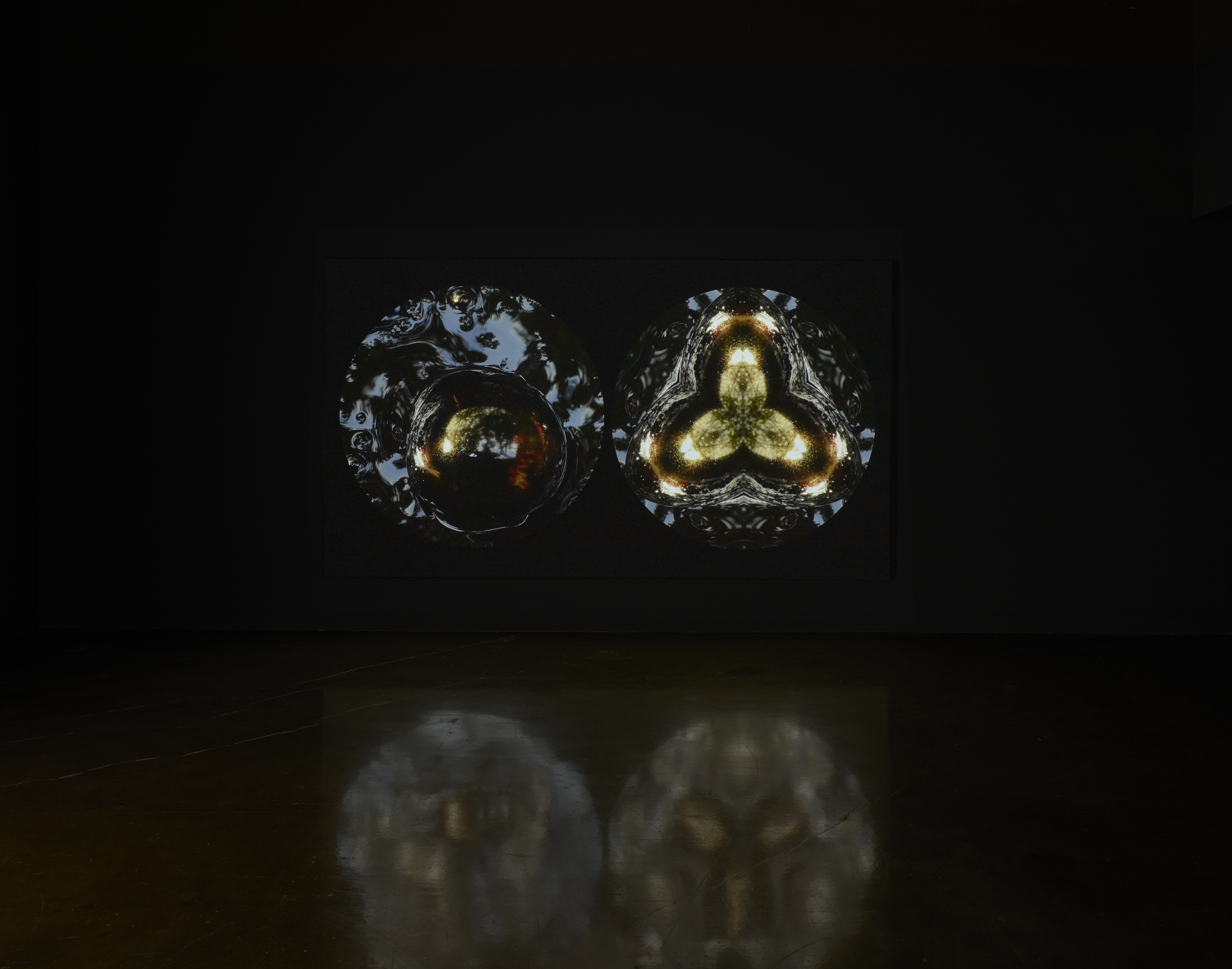 Two circular images of La Brea Tar Pits on a black ground: dark bubbling close-up, and a kaleidoscopic refraction.