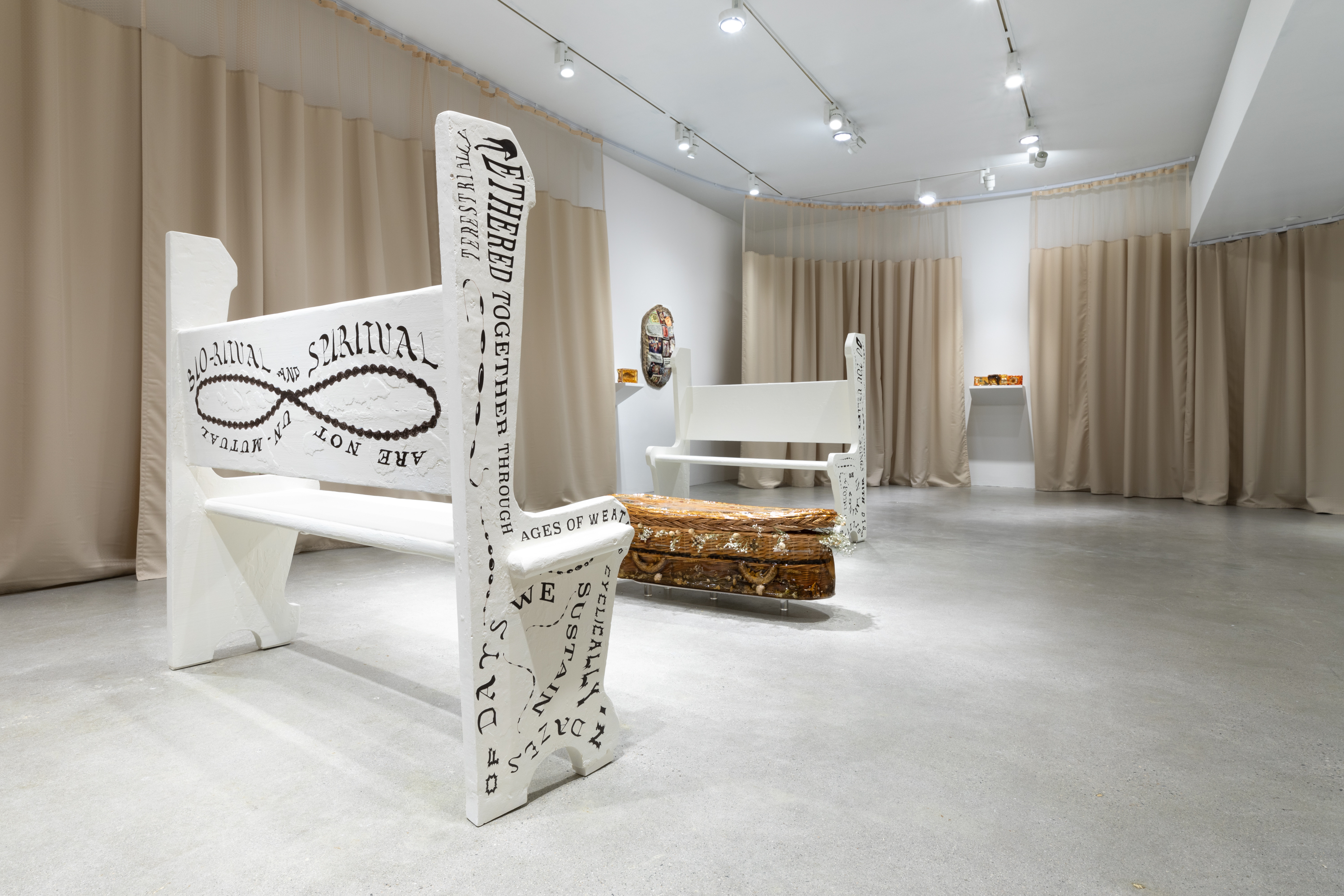Beige hospital curtains line a gallery with two white painted church pews around a wicker casket cast in gelatin. Various sculptures hang on the wall in the background.