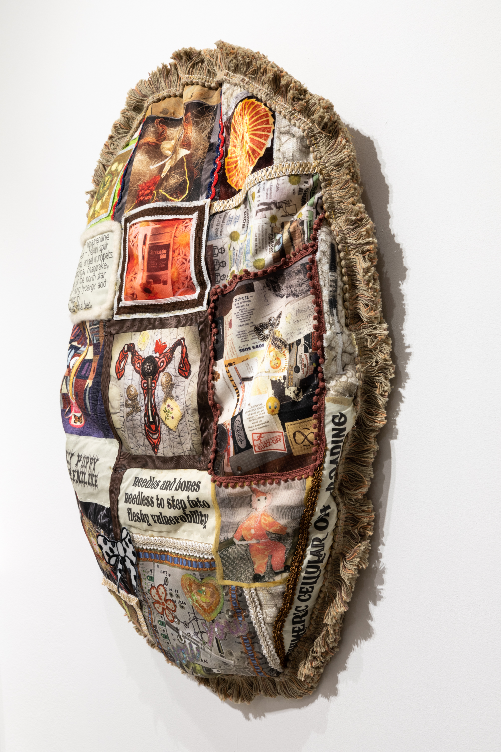Shaped quilted textile sculpture with images of syringes arranged in decorative compositions with Found objects and squares of printed text. The sculpture is trimmed with a heavy shaggy brown fringe.