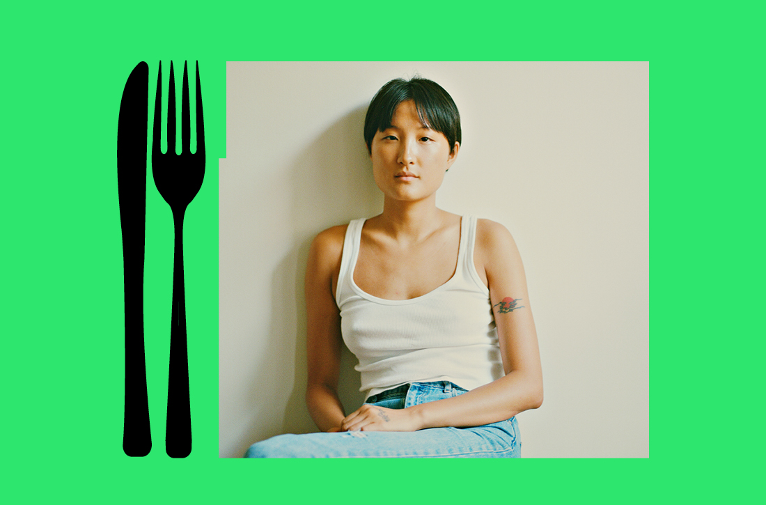 Bright green background with a black fork and knife graphic on the left and a portrait of artist TJ Shin on the right wearing a white tank top with her hands in her lap.