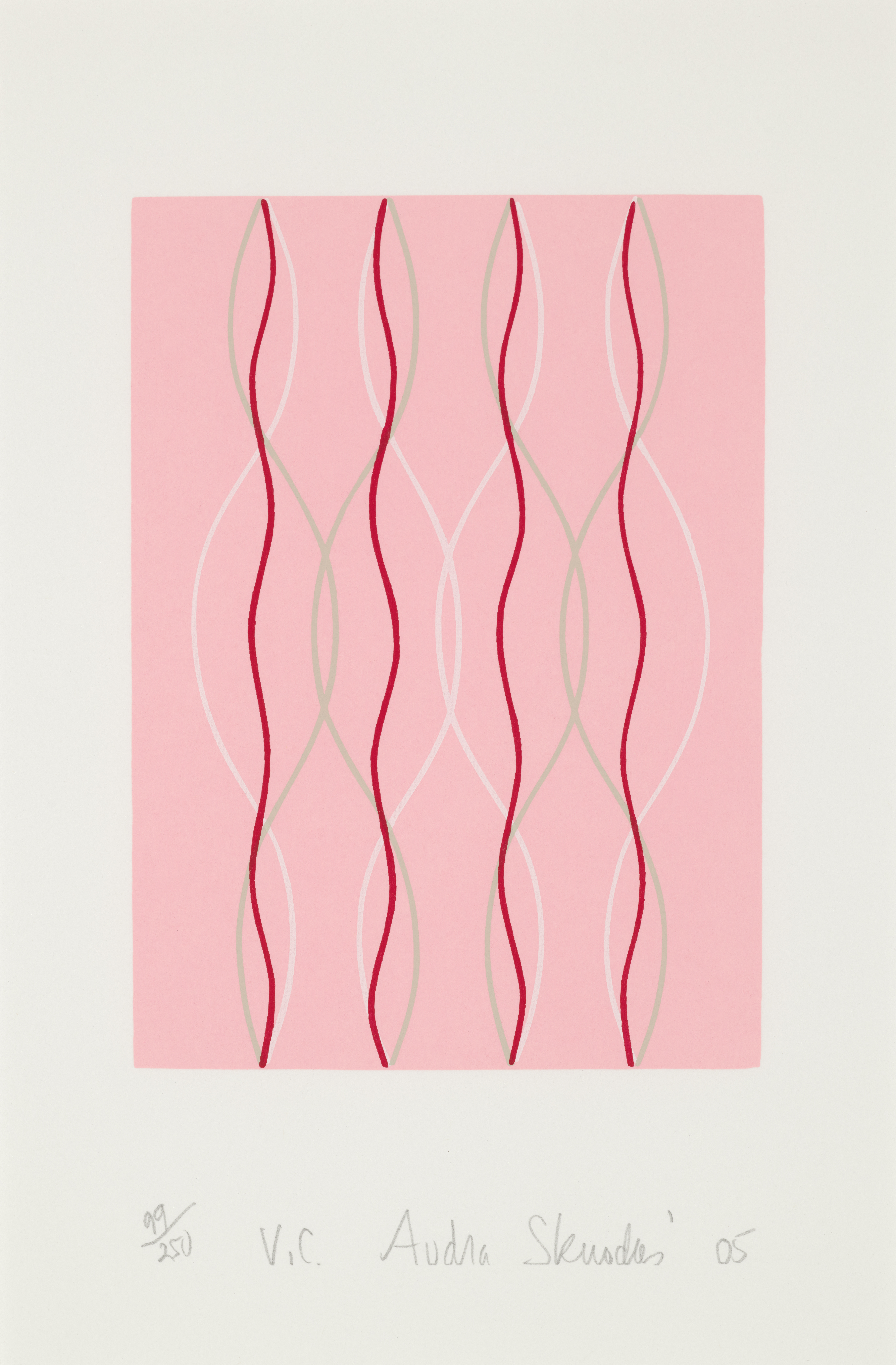 Print with pink background and thin red lines running from the top to the bottom with a wavy pattern.